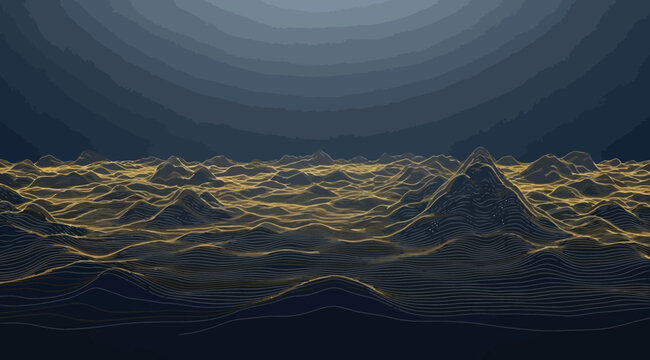 Abstract landscape with golden contour lines on a dark blue background, digital terrain representation