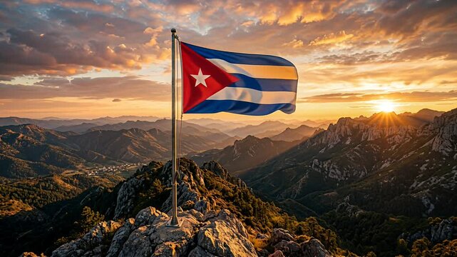 cuban flag on mountain ridge at sunset over rocky peaks