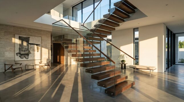 Modern floating wooden staircase with glass railing in spacious contemporary luxury home interior