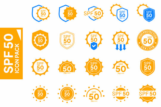 SPF 50 sunscreen icons representing UV protection levels on white background vector graphic flat design