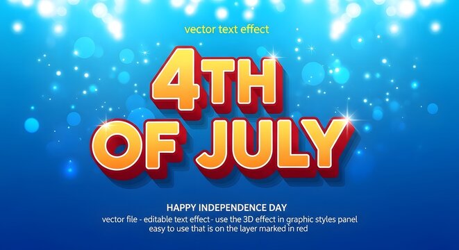 4th of july vector text effect, editable independence day typography design with bright gradient colors and bokeh light background