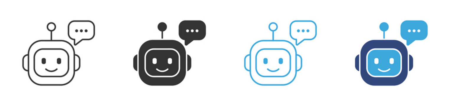AI chatbot icon set,  robot with speech bubble symbolizing virtual smart assistant,  artificial intelligence interface vector icons, 