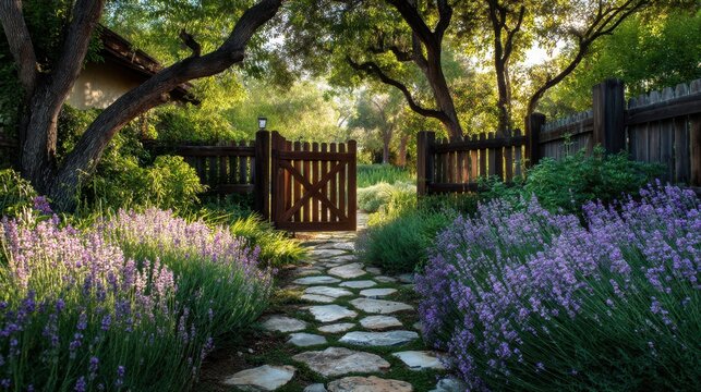 Serene Garden Pathway Surrounded by Lavender Flowers Leading to Wooden Gate under Sunshine in Tranquil Nature Setting