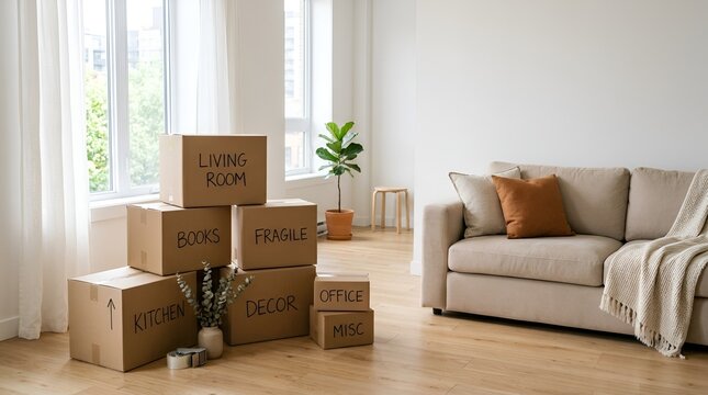 Moving boxes and sofa in empty room, home relocation concept