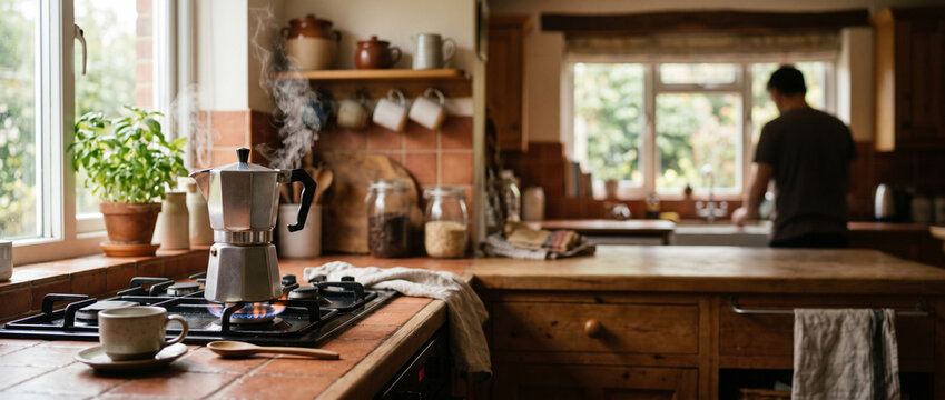 Stovetop espresso maker on gas burner with steam rising in warm terracotta and wood kitchen tones