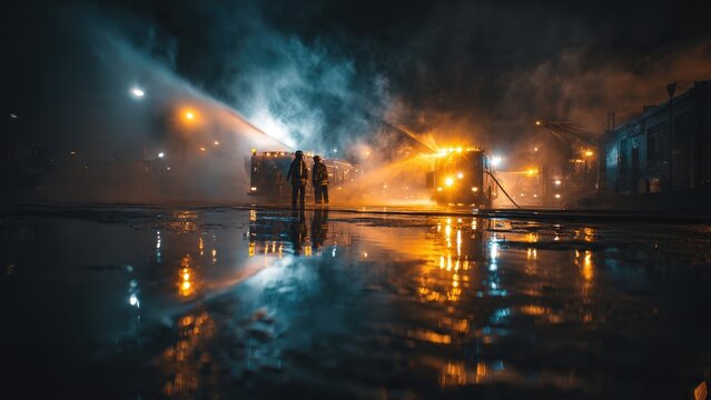 Nighttime Firefighters Suppressing Large Fire with Smoke and Water Reflections