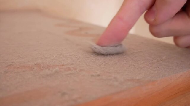 A man runs his finger across a very dusty surface to show the level of dustiness