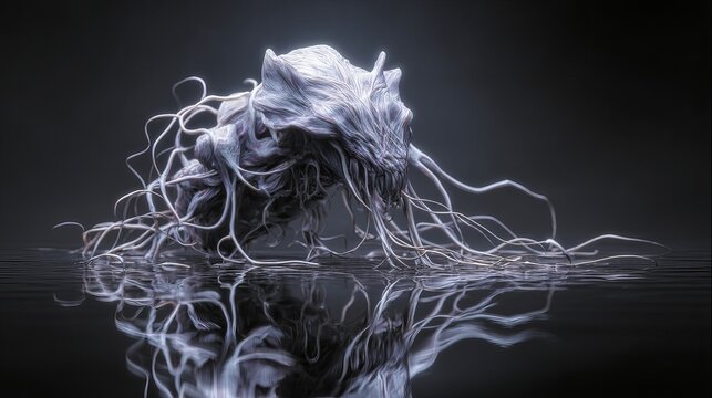 Abstract alien creature with long flowing tentacles standing on a dark reflective liquid water surface