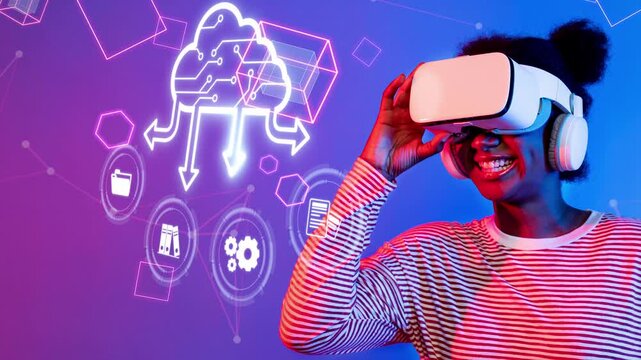 A young woman joyfully explores virtual reality technology while smiling. The vibrant background highlights cloud features and digital icons, showcasing innovation and creativity. Raster