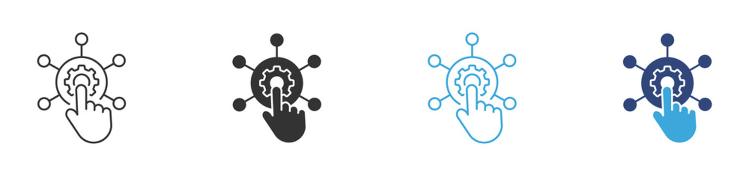 Settings control icon set, hand clicking gear icons, manual settings configuration process management control system adjustment,  technical support maintenance service vector icons.  