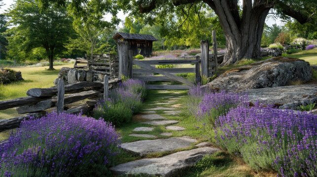 Serene Lavender Pathway through Rustic Gate in Lush Green Garden Under Bright Blue Sky with Majestic Trees