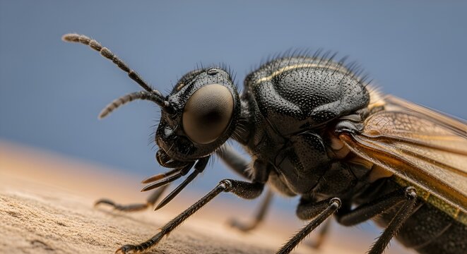 Extreme Close-up Macro Shot of a Black Fly with Detailed Features and Wings on Wood