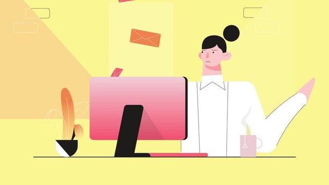 Woman working on computer with documents flying, busy workflow, multitasking and productivity concept animation scene