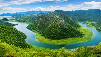 Fototapeta premium Beautiful Mountain River Landscape with Green Forest and Scenic Nature Panorama