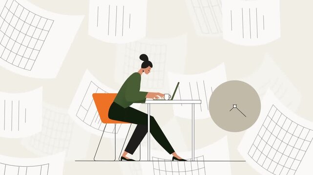 Man working under pressure with papers around, deadline stress, workload concept, office anxiety animation scene