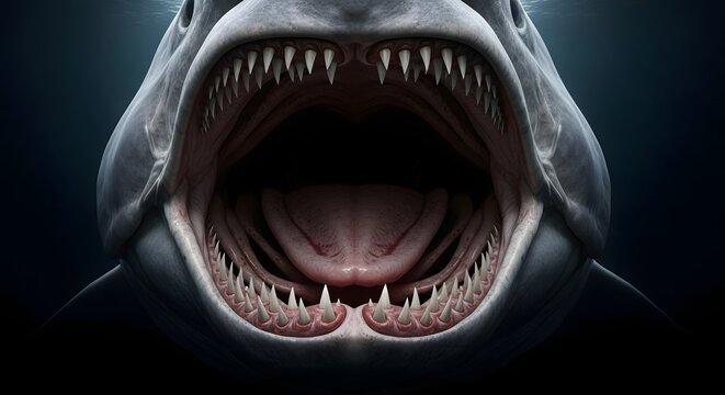 Terrifying Close-Up of a Great White Sharks Open Mouth and Razor-Sharp Teeth.