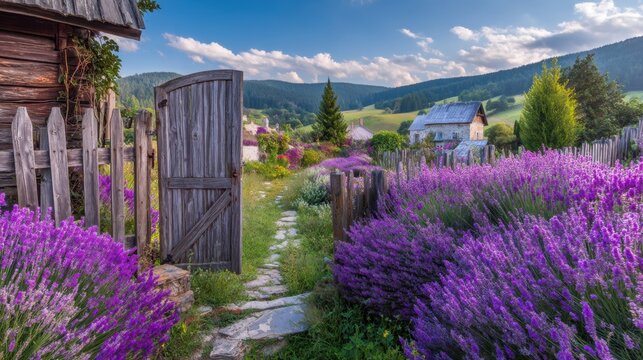 Scenic Lavender Pathway Leading to Rustic Wooden Gate Surrounded by Blooming Fields and Lush Green Hills in Countryside