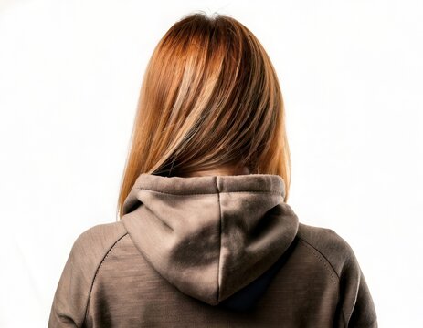 A person's shoulders and the back of their head, featuring stylish blonde-brown hair, are depicted as they face away from the viewer, wearing a cozy grey hooded sweatshirt