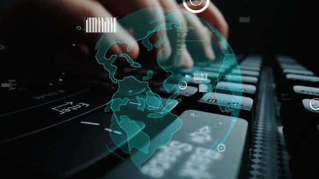 A close-up view of a person hands typing on a keyboard, overlaid with digital data visuals, emphasizing global connectivity and modern technology advancements. Xenic
