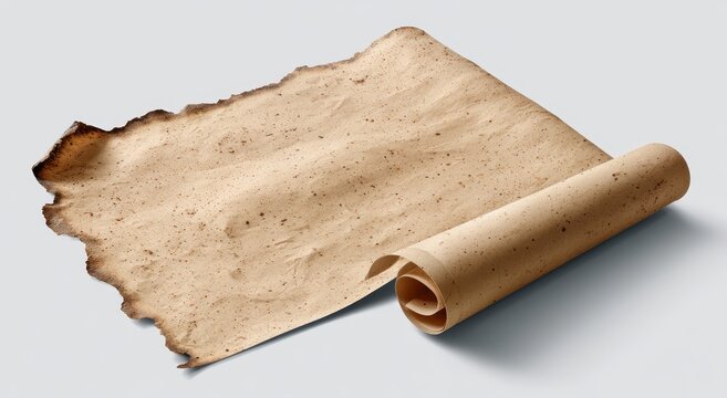 A single sheet of aged parchment paper with burnt edges and a rolled end section isolated on a plain white background for a vintage aesthetic and historical document design project