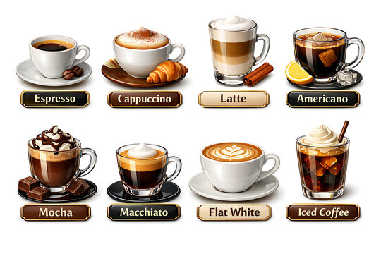 Collection of coffee types icons including espresso latte and cappuccino