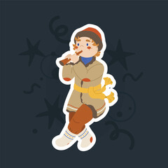 Naklejka premium Character in traditional Russian costume and with a flute. A man in a fur coat and felt boots plays a musical instrument. Traditional Russian carnival. Seasonal folk holiday Maslenitsa.