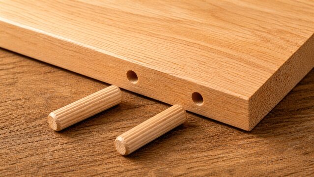 Woodworking Dowels and Wooden Board Close Up Carpentry Concept
