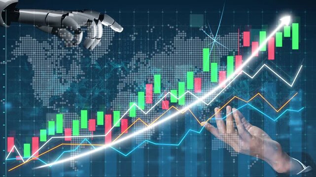 A robotic hand interacts with financial data, showcasing stock market trends and digital analytics, highlighting the integration of technology in trading and investment. Copula