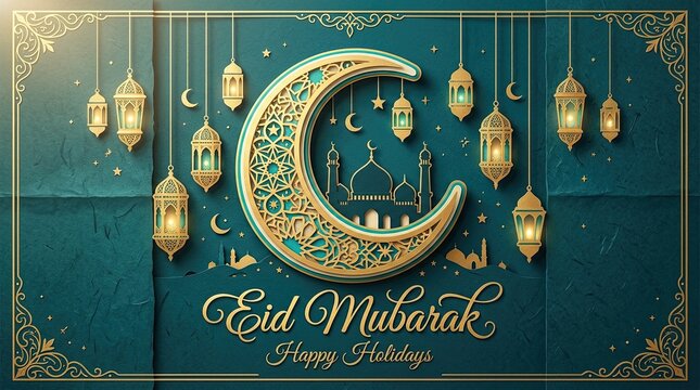 Eid mubarak wishes beautiful islamic holiday greeting with crescent moon and lanterns