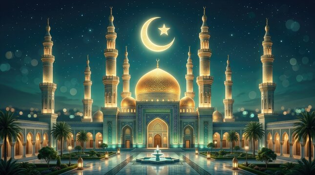 Eid mubarak islamic mosque illustration festive crescent moon minaret design