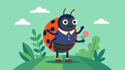 cartoon ladybug in business attire standing on green hill. © Ira Project