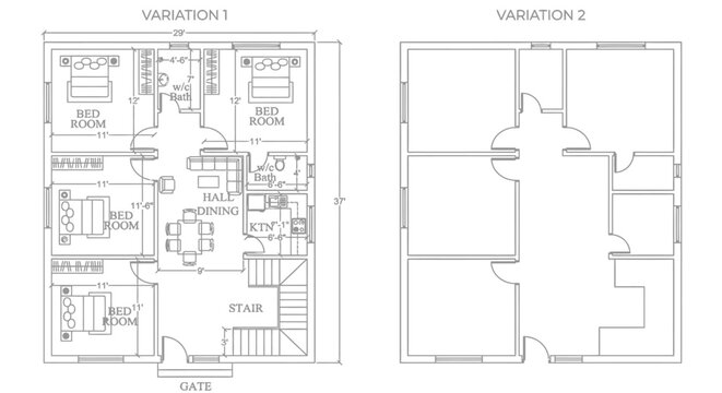 Floor plan of a house with bedroom and bathroom layouts