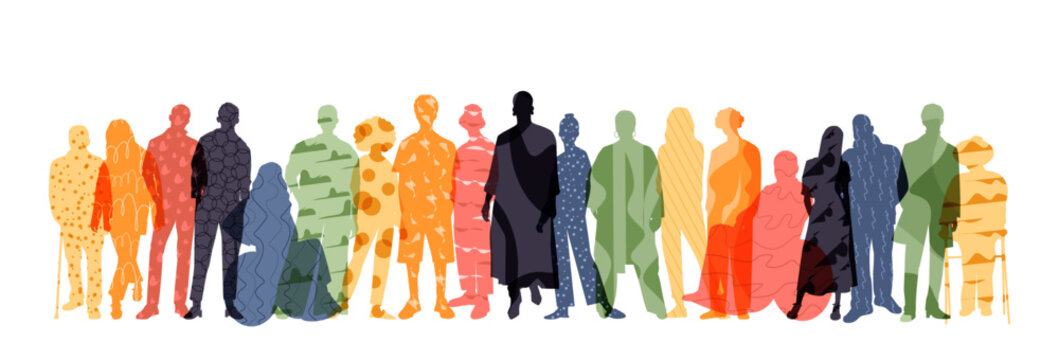 Silhouettes of different people standing together. Modern colorful design.