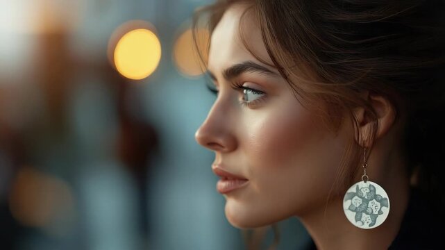 Young woman portrait profile with soft bokeh evening lights contemplative thoughtful expression