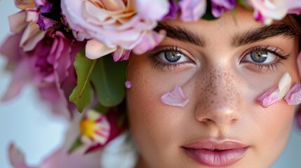 Naklejka premium Close-Up Portrait of Young Woman with Floral Crown and Freckles, Soft Focus on Beautiful Face Surrounded by Petals