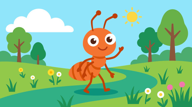 A cartoon ant walking on a sunny meadow path with trees and flowers.