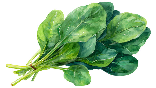 Watercolor illustration of a fresh bunch of spinach tied with a string, isolated on a white background, perfect for healthy eating and culinary themes