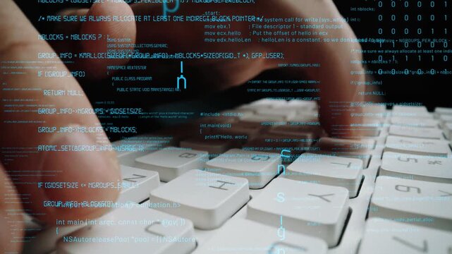 A detailed close-up shot of fingers typing on a computer keyboard, surrounded by digital data and programming code. Perfect for themes in technology and development. Xenic