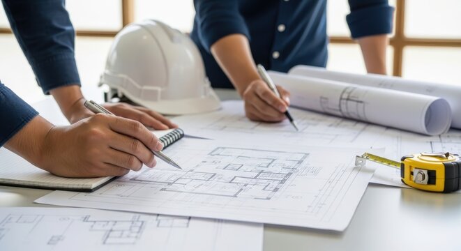 Architects collaborating on blueprints and construction plans with hard hats and tools on table
