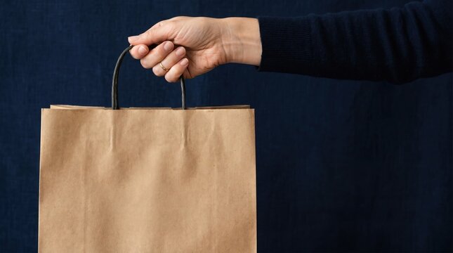 A person holds a brown paper shopping bag with their right hand indoors.