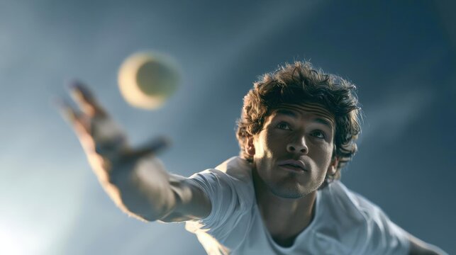 Young man playing tennis. he is wearing a white t-shirt and has curly hair. the man is in mid-air, with his right arm extended upwards and his left arm extended to catch the ball.