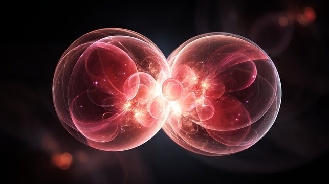 Glowing red spheres colliding in space creating a powerful burst of bright light and energy