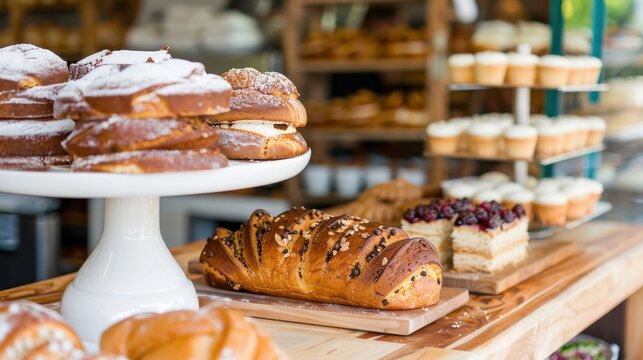 Freshly Baked Pastries and Desserts on Display in a Bakery with a Warm Inviting Atmosphere