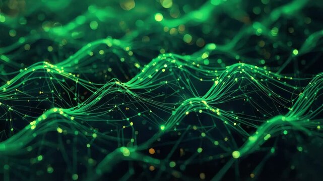 Green abstract network data wave line point pattern with glowing data nodes and flowing lines