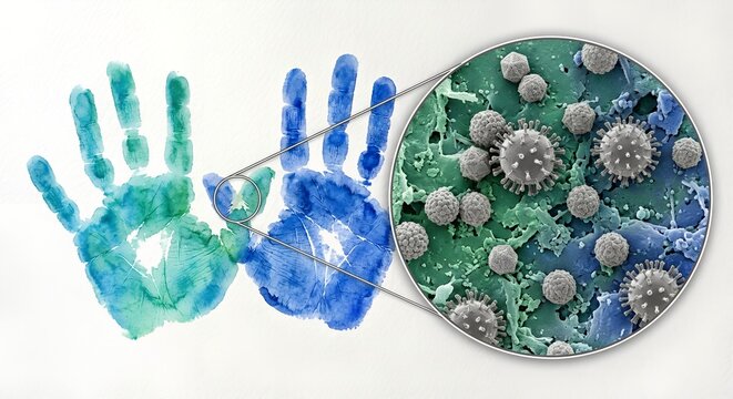 Child's colorful handprints on paper or a wall with a microscopic overlay of germs and virus particles, representing contamination, hygiene education, and infection spread