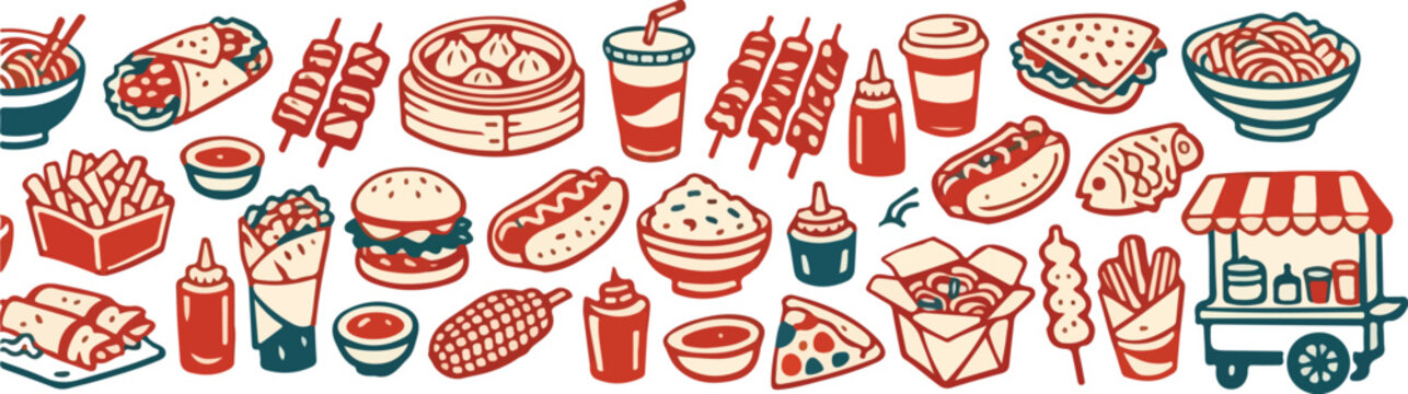 Global Street Food Hand Drawn Doodle Set with International Snacks and Casual Dining Elements 