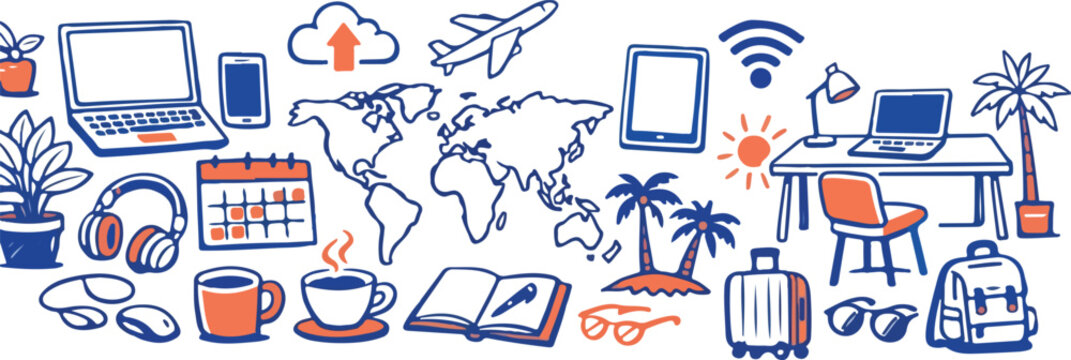 Remote Work Digital Nomad Hand Drawn Doodle Set with Modern Workspace and Travel Lifestyle Icons 
