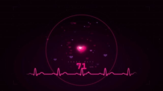 Glowing pink heart pulse rate monitor with romantic ECG waveform display showing 77 BPM