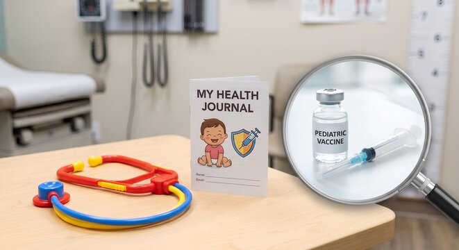 Close-up of a doctor's desk featuring a play stethoscope, baby vaccine passport, medicine vial, and needle, perfect for childhood vaccination campaigns and pediatric care