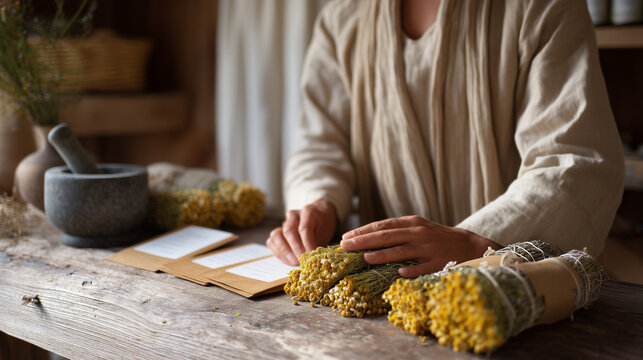 Herbalist arranging bundles of dried chamomile, turmeric root, and astragalus on a wooden farmhouse table, mortar and pestle beside handwritten remedy cards, afternoon light filtering through a line